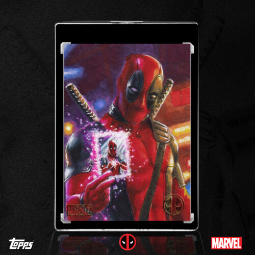 Deadpool revealing the Grail Topps Chrome Deadpool Sketch Card by Duke